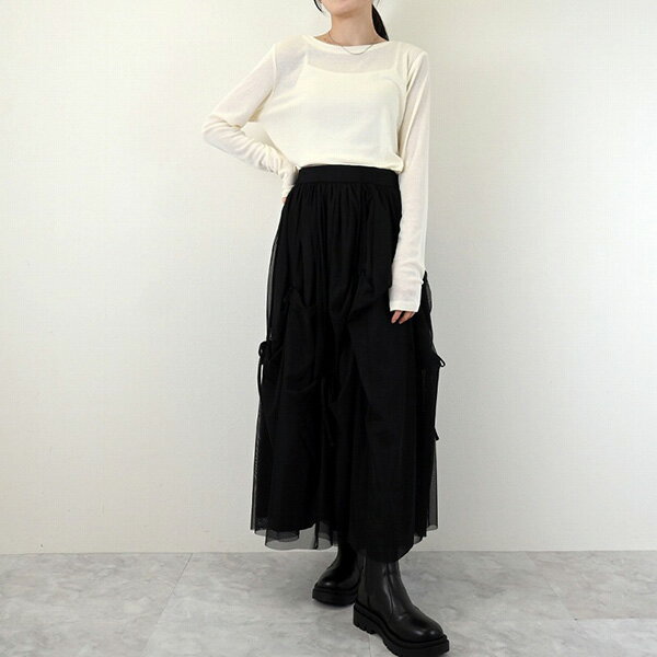 STYLEBLOCK（スタイルブロック）の【Rakuten Fashion THE SALE】ロングスカート　ギャザー チュール リボン スカート ウエストゴム ボトムス レディース アイボリー グレー ピンク ブラック｜アングル3