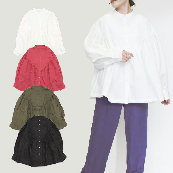 シャツブラウス長袖白スタンドカラー...