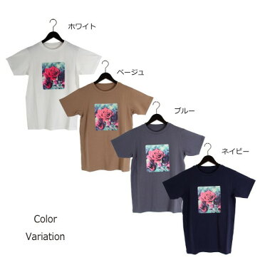 カットソー Tシャツ ラウンドネック 丸首 半袖 プリント ローズ 花柄 イラスト オーガニック コットン 綿 トップス レディース ホワイト ベージュ ブルー ネイビー