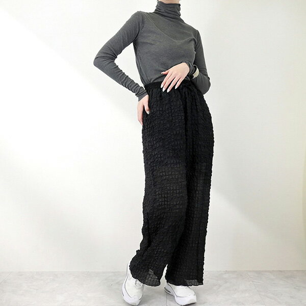 ロングパンツ イージーパンツ ぽこぽこ 12分丈 ウエストゴム パンツ ボトムス レディース ホワイト ブルー ブラック