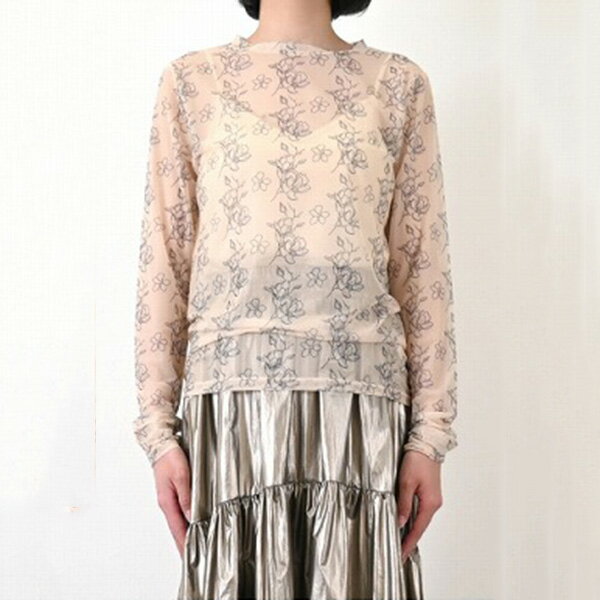 【取り寄せ対応】Tシャツ カットソー メッシュ 花柄 長袖 クルーネック トップス レディース アイボリー ブリック ブラック ホワイト