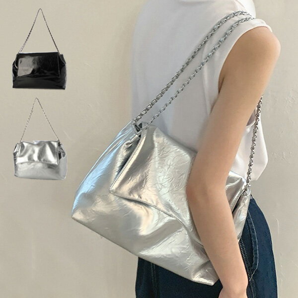 ショルダーバッグ チェーンバッグ バッグ メタリック 肩掛け 小さい レザー調 鞄 レディース ブラック シルバー