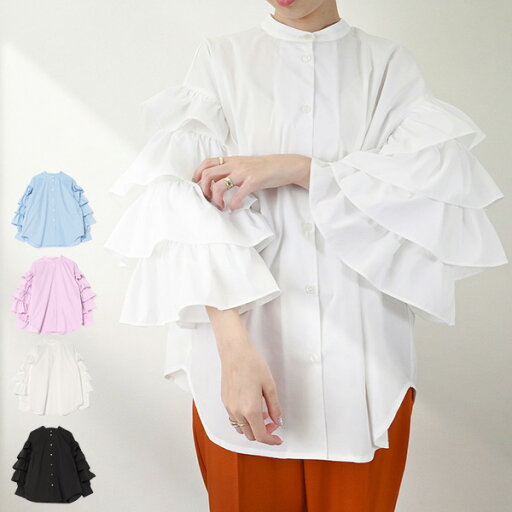 【Rakuten Fashion THE SALE】シャツ ブラウス フリル 長袖 無地 バンドカラー 白 黒 トップス レディース ホワイト ブルー ピンク ブラック 【Rakuten Fashion THE SALE】シャツ ブラウス フリル 長袖 無地 バンドカラー 白 黒 トップス レディース ホワイト ブルー ピンク ブラック