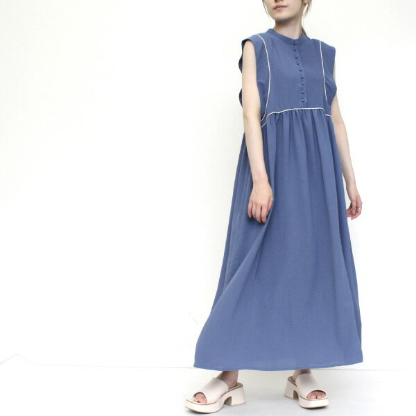 ロングワンピース ワンピース ノースリーブ マキシ丈 コード配色 パイピング きれいめ レディース ベージュ グレージュ ブルー ブラック