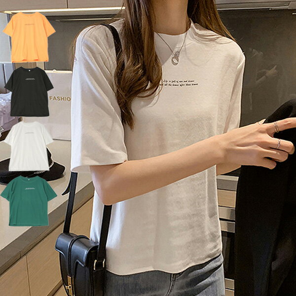 Tシャツ カットソー 5分袖 半袖 ビッグ オーバーサイズ クルーネック ロゴ トップス レディース ブラック ホワイト オレンジ グリーン