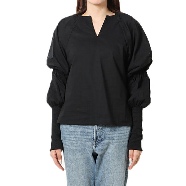 【取り寄せ対応】シャツ ブラウス 長袖 バルーンスリーブ リブ 無地 キーネック コットン 綿100% 白 黒 トップス レディース ホワイト ライトグレー ブラック