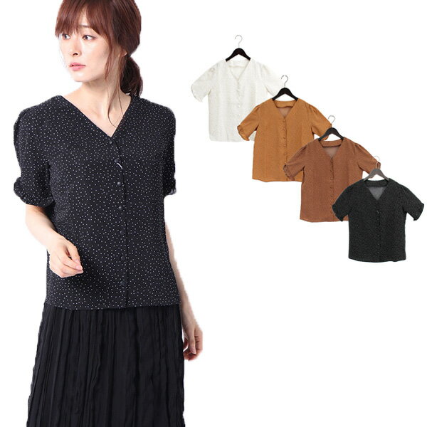 シャツブラウス半袖ドット柄Vネック...