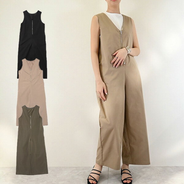 【取り寄せ対応】サロペットパンツ オールインワン 無地 ハーフジップ Vネック パンツ ボトムス レディース ベージュ カーキ ブラック