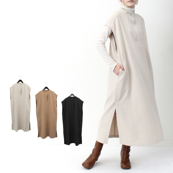 【楽天スーパーSALE】ワンピース ロングワンピース ノースリーブ キーネック 無地 きれいめ スリット レディース エクリュ ベージュ ブラック