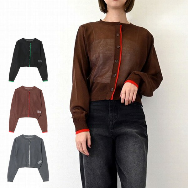 ニットカーディガン カーディガン シアー バイカラー 無地 長袖 トップス レディース ブラウン チャコールグレー ブラック