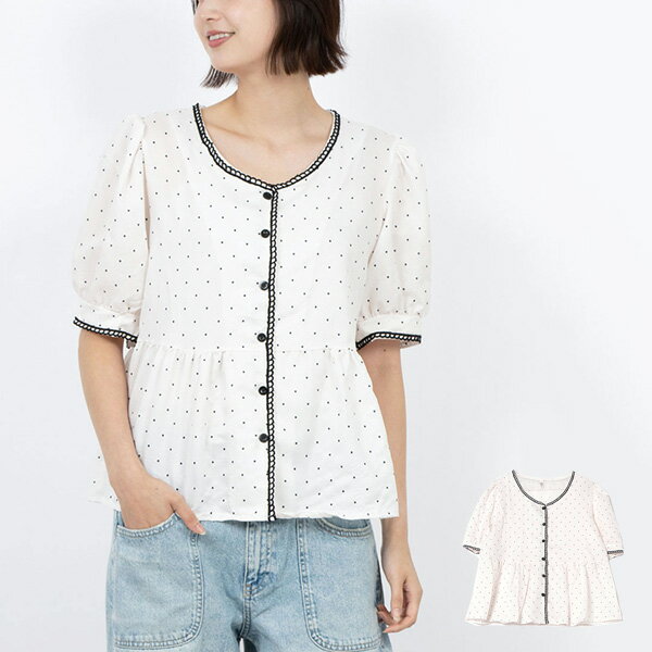 シャツブラウスドットパフスリーブペ...