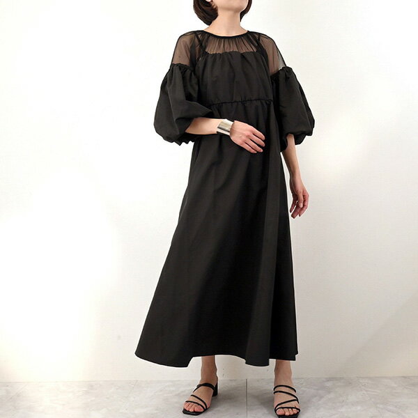 【取り寄せ対応】ワンピース ドッキング チュール 無地 5分袖 半袖 シアー ロング マキシ丈 レディース エクリュ チャコールグレー ブラック