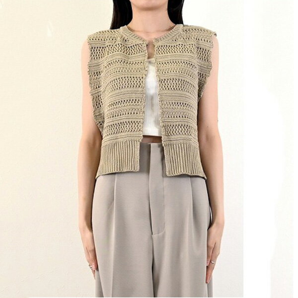 【取り寄せ対応】ベスト ジレ ニット　ボーダー 前開き クルーネック クロップド トップス レディース アイボリー ライトベージュ ブラック ピンク