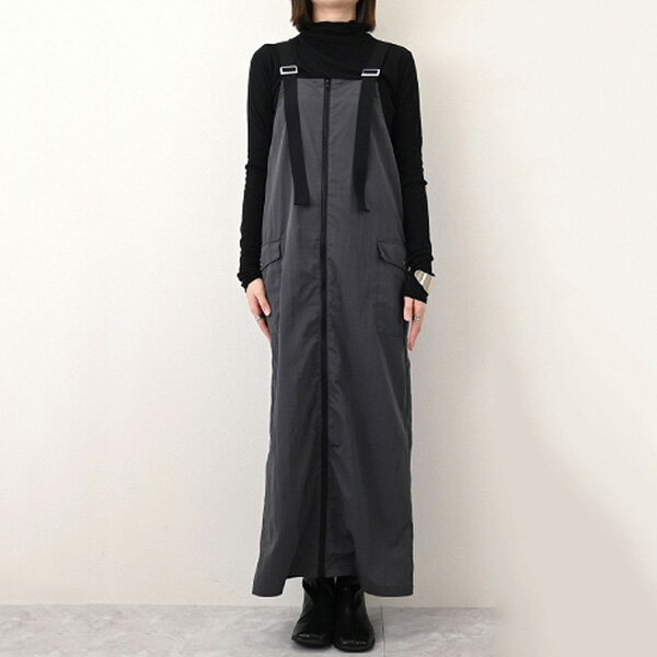 ジャンパースカート スカート フロントジップ ロング マキシ丈 無地 ボトムス レディース エクリュ カーキ チャコール