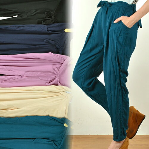 クロップドパンツ テーパードパンツ ベルト付き レーヨン