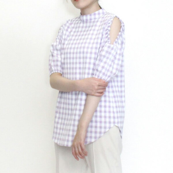 シャツ ブラウス オープンショルダー 肩開き ギンガムチェック 半袖 トップス レディース パープル グレー グリーン テラコッタ ブラック