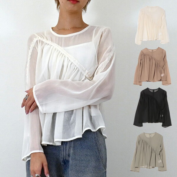 シャツブラウスギャザーシアー無地長...