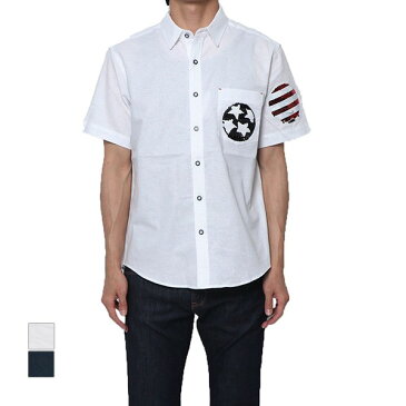 シャツ レギュラーシャツ 半袖 刺繍 綿 コットン100% スパンコール ワッペン カジュアルシャツ トップス メンズ オフホワイト ネイビー