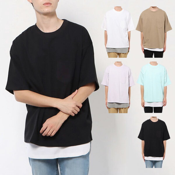 Tシャツ カットソー ビッグ オーバーサイズ タンクトップ セット 無地 半袖　5分袖 クルーネック トップス ユニセックス メンズ ホワイト ベージュ ミント ラベンダー ブラック