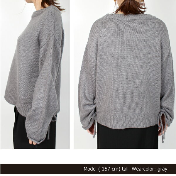 ニット セーター 長袖 レースアップ クルーネック モヘアタッチ アクリルニット トップス レディース ホワイト グレー モカ ブラック