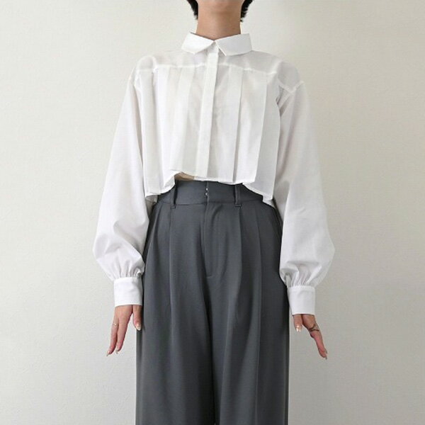 【取り寄せ対応】シャツ ブラウス ボリュームスリーブ ショート丈 クロップド プリーツ レギュラーカラー 無地 長袖 白 黒 トップス レディース ホワイト ブルー グレー ブラック