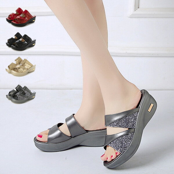 サンダル ウェッジサンダル 歩きやすい グリッター レザー調 シューズ 靴 レディース レッド ゴールド ブラック シルバー