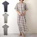シャツワンピース ワンピース チェック 半袖 5分袖 ロング レディース アイボリー オリーブ ネイビー