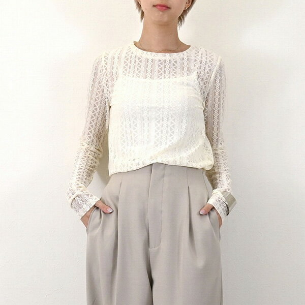 【Rakuten Fashion THE SALE】Tシャツ カットソー ストレッチ レース 長袖 クルーネック トップス レディース アイボリー ブラック