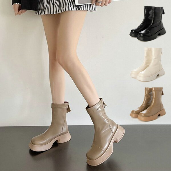 ショートブーツ ブーツ 合皮 厚底 PUレザー 太ヒール 歩きやすい 黒 白 靴 シューズ レディース ブラック カーキ クリームホワイト