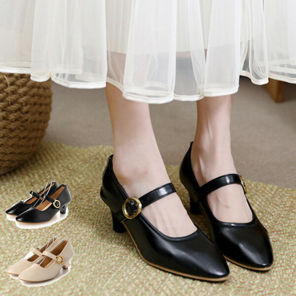 Rakuten - パンプス ポインテッドトゥ 太ヒール 歩きやすい ストラップ レザー調 シューズ 靴 レディース ブラック オフホワイト
