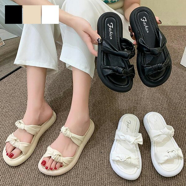 樂天商城 - サンダル フラットサンダル ダブルベルト リボン 歩きやすい 黒 PUレザー 合皮 シューズ 靴 レディース ブラック アイボリー ホワイト