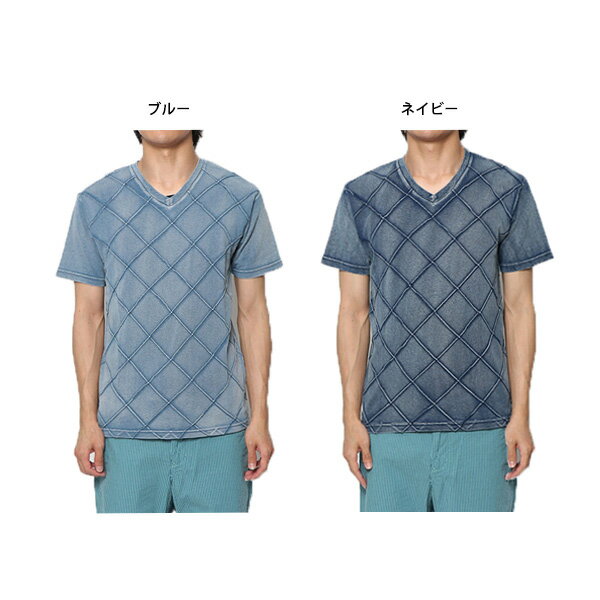 Tシャツ カットソー Vネック 半袖 カットデニム インディゴ ダンガリー ダイヤ 綿 コットン100% 無地 トップス メンズ ブルー ネイビー