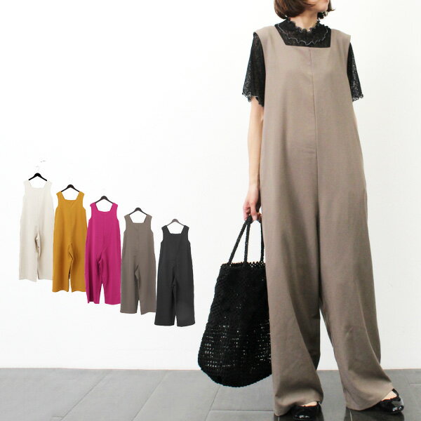 オールインワン サロペットパンツ パンツ ロング 12分丈 ワイド 無地 夏 ボトムス レディース ライトベージュ マスタード ピンク グレージュ ブラック