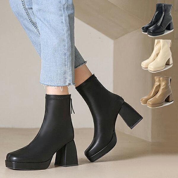 【取り寄せ対応】ショートブーツ ブーツ スクエアトゥ 太ヒール チャンキーヒール 歩きやすい 黒 PUレザー 合皮 シューズ 靴 レディース ブラック カーキ クリームホワイト