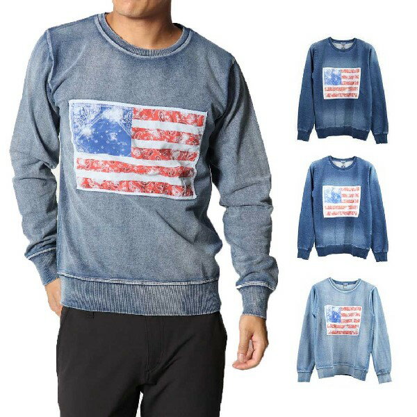 【取り寄せ対応】スウェット トレーナー クルーネック デニム 長袖 星条旗 プリント リブ 裏毛 トップス メンズ ネイビー サックス
