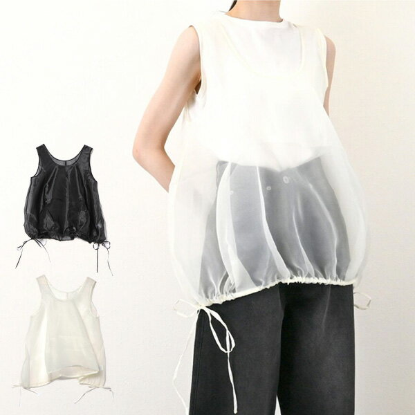 タンクトップ カットソー オーガンジー ドッキング 無地 トップス レディース アイボリー ブラック