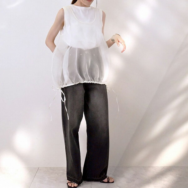 タンクトップ カットソー オーガンジー ドッキング 無地 トップス レディース アイボリー ブラック