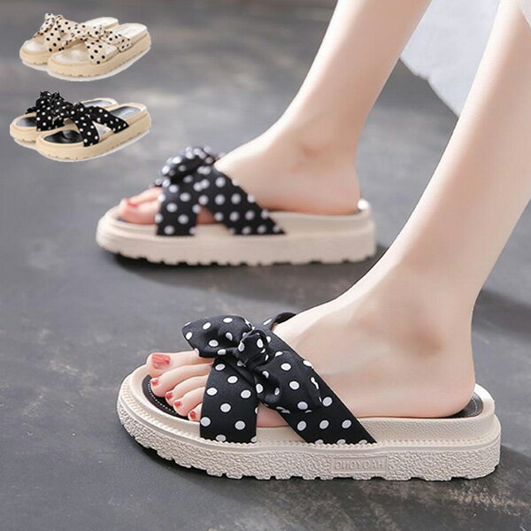 厚底サンダル サンダル リボン 歩きやすい 夏 黒 ドット柄 シューズ 靴 レディース オフホワイト ブラック