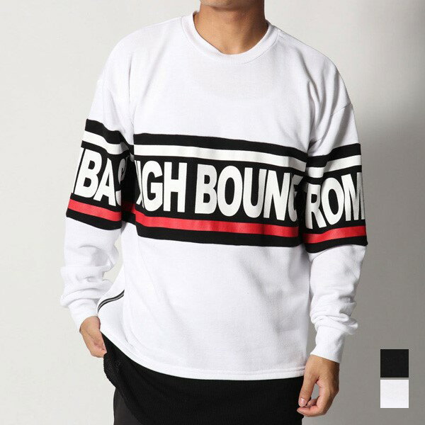 Rakuten - トレーナー スウェット 長袖 クルーネック 丸首 ロゴ フェイクレイヤード 重ね着風 プルオーバー トップス メンズ オフホワイト ブラック