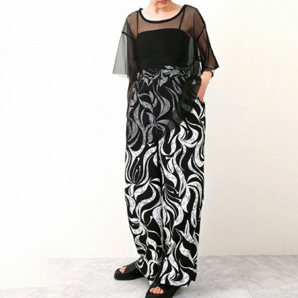 【取り寄せ対応】ロングパンツ リラックスパンツ ボタニカル柄 総柄 イージー ウエストゴム 12分丈 パンツ ボトムス レディース ブラック