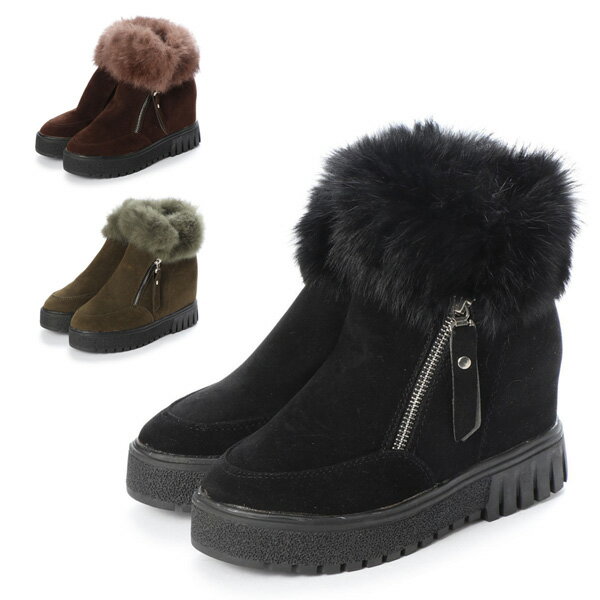 ブーツ ショートブーツ インヒールブーツ ジッパー フェイクファー スエード調 スウェード 厚底 プラッ..