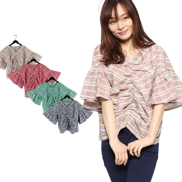 シャツブラウスチェック柄半袖フレア...