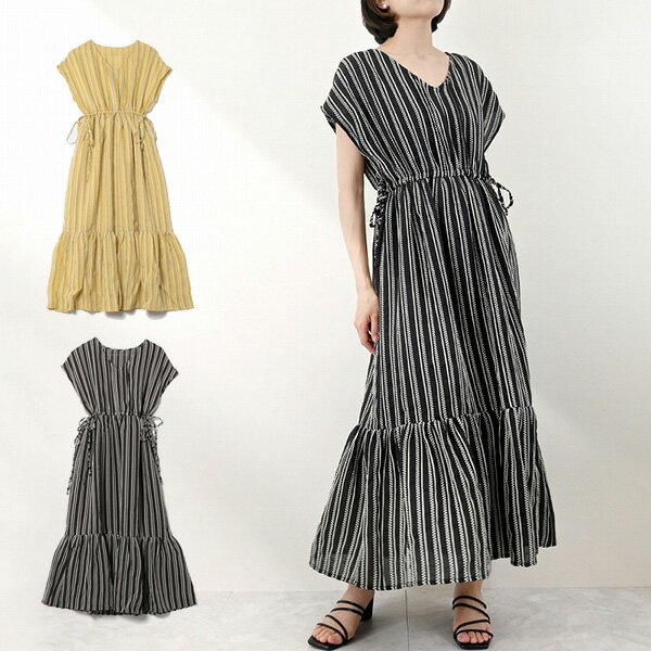 【取り寄せ対応】ワンピース マキシ丈ワンピース ロング 半袖 Vネック ストライプ レディース ジンジャ..