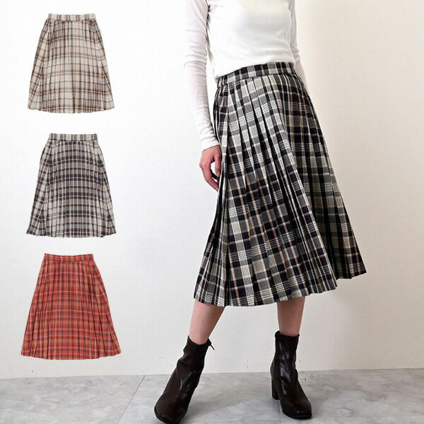 プリーツスカート スカート ミディアム丈 膝下 チェック ボトムス レディース ベージュ レッド ネイビー(4.0)