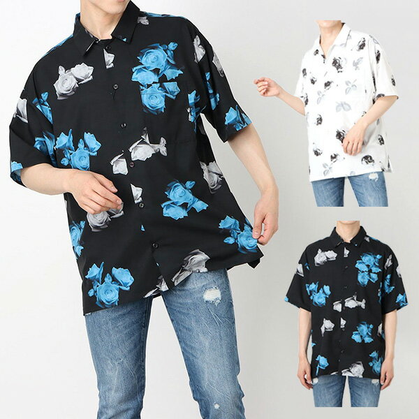 Rakuten - シャツ ビッグシャツ オーバーサイズ 総柄 花柄 バラ 半袖 夏 カジュアル トップス ユニセックス メンズ ホワイト ブラック