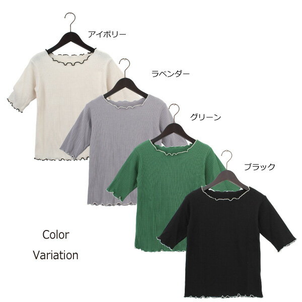 Tシャツ カットソー ワイドリブ メロー 無地 半袖 5分袖 クルーネック トップス レディース アイボリー ラベンダー グリーン ブラック