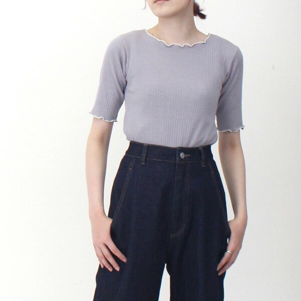 Tシャツ カットソー ワイドリブ メロー 無地 半袖 5分袖 クルーネック トップス レディース アイボリー ラベンダー グリーン ブラック