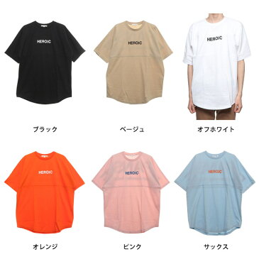 Tシャツ カットソー クルーネック 丸首 半袖 5分袖 ロゴ ビッグシルエット 綿 コットン100% トップス メンズ オフホワイト ベージュ サックス ピンク オレンジ ブラック