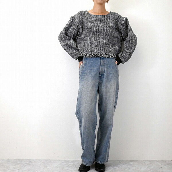 Tシャツ カットソー プルオーバー ツイード フリンジ 長袖 クルーネック トップス レディース ブルー ブラウン ブラック