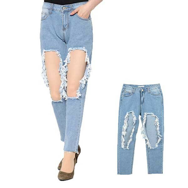 【取り寄せ対応】ダメージ デニムパンツ クラッシュデニム ボーイズデニム レディース ブルー